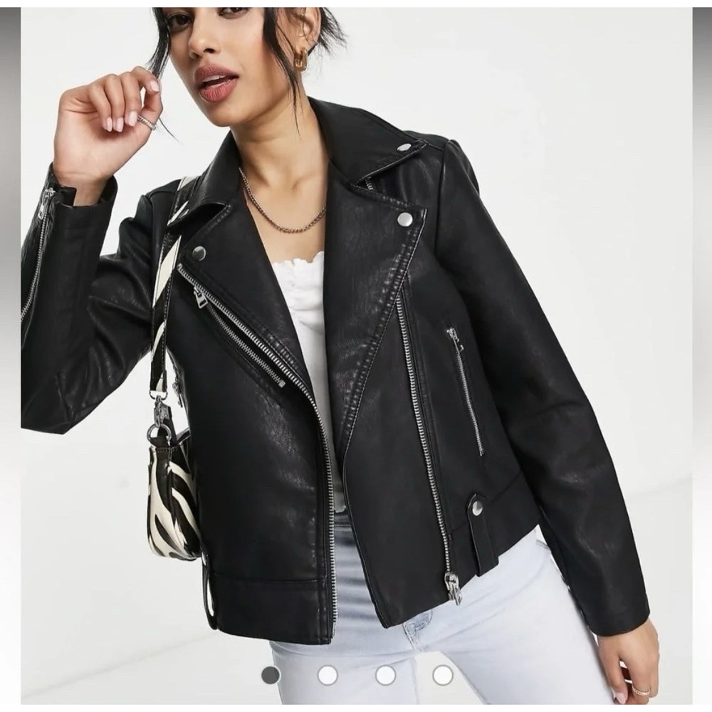 Topshop Black Faux Leather Biker Moto Jacket Size 6